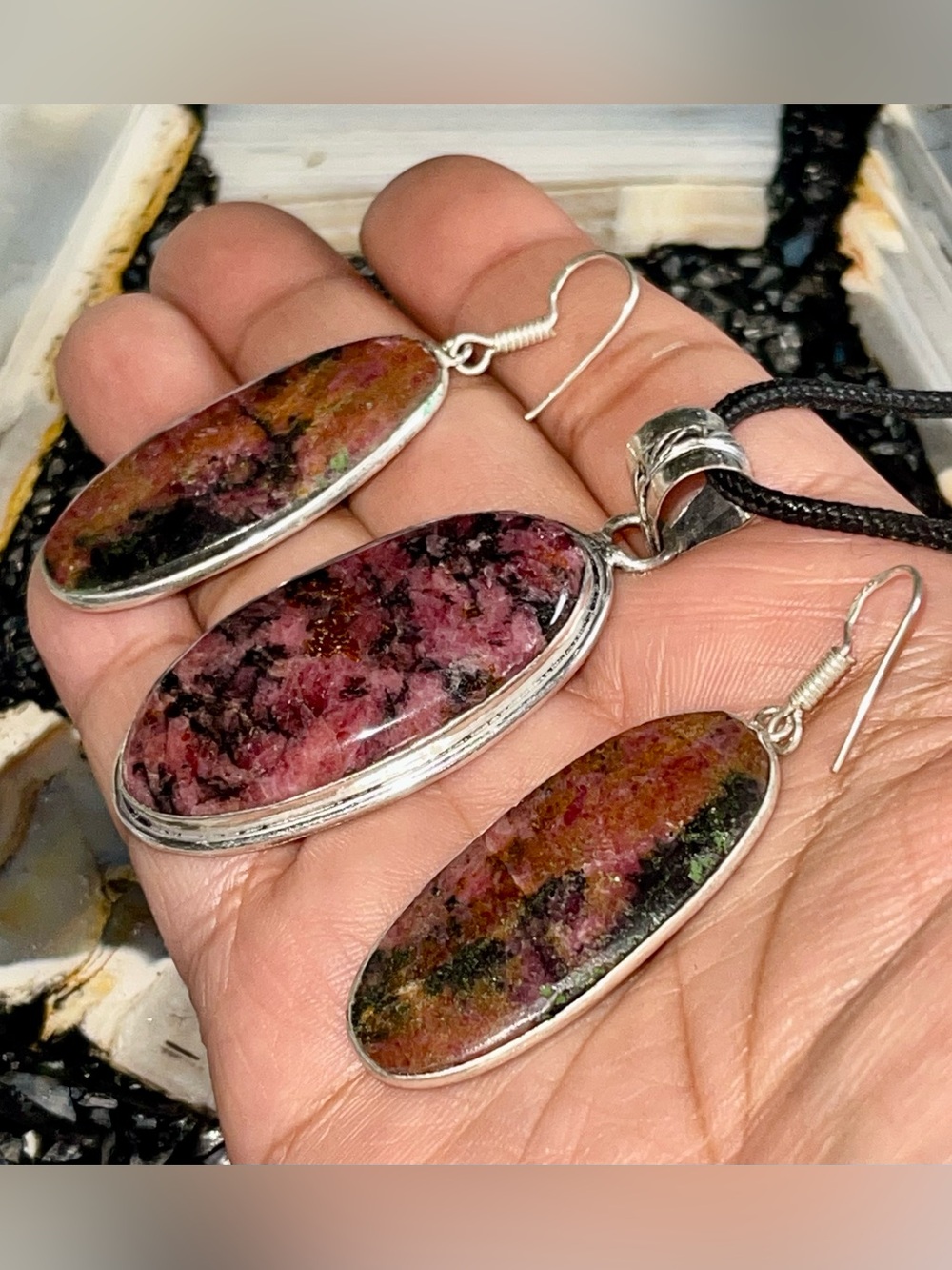 Inca Rose Rhodonite Crystal Pendant & Earrings Set